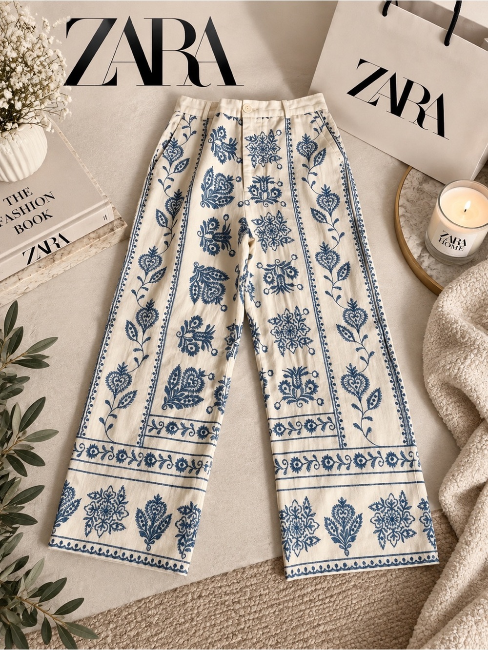 ZARA Cream Wide-Leg Embroidered Pants - Blue Floral Pattern